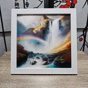 8x8 Framed Waterfall Rainbow Wall Art Watercolor Oil Painting‎ Print